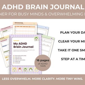 May include: A spiral-bound ADHD Brain Journal with a light purple checkered cover featuring cute character icons. The journal includes 16 pages of planning tools, daily check-ins, and habit trackers. Text includes Plan Your Day, Clear Your Mind, and Take It One Small Step At A Time.