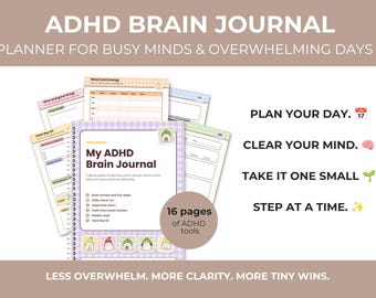 Könnte beinhalten: Ein spiralgebundenes ADHD Brain Journal mit einem hellvioletten karierten Einband und niedlichen Charakter-Icons. Das Journal enthält 16 Seiten mit Planungshilfen, täglichen Check-ins und Gewohnheits-Trackern. Der Text umfasst Plan Your Day, Clear Your Mind, Take It One Small Step At A Time.