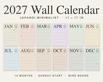 Könnte beinhalten: Ein 2027 Wandkalender in der Größe 11 mal 17 Zoll mit zwölf Monatsseiten, die an einem Sonntag beginnen. Jeder Monat zeigt einen einzigartigen pastellfarbenen Hintergrund, ein kleines Bogen-Symbol und schwarzen Text.