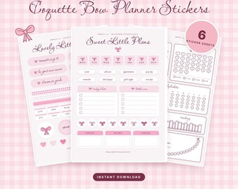 Coquette Bow Planner Stickers Printable, Pink Happy Planner & Hobonichi Sticker Sheets, Coloring Habit Tracker, Instant Download PDF