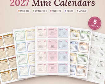 Könnte beinhalten: Ein druckbares Bündel von 2027 Minikalendern mit fünf verschiedenen Stilen, darunter Retro, Cottagecore, Coquette, Kawaii und Minimal. Die Sammlung enthält zwölf Monate pro Blatt mit verschiedenen Farbpaletten und Symbolen, präsentiert als 60 transparente PNG-Dateien und A5-PDF-Dateien zum sofortigen Download.