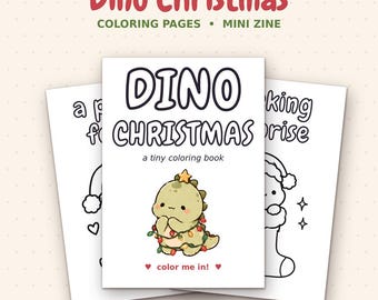 Könnte beinhalten: Ein ausdruckbares Dino Christmas Mini-Zine-Malbuch mit einem grünen Dinosaurier, der in bunte Lichterketten gewickelt ist, auf dem Cover. Der Text lautet Dino Christmas, a tiny coloring book und color me in. Das Set enthält 8 Seiten in A4, A5 und Letter.