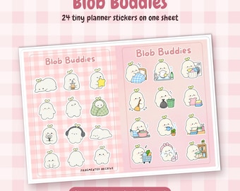 Könnte beinhalten: Ein glänzender A5-Aufkleberbogen mit dem Titel Blob Buddies und 24 kleinen Planer-Stickern. Die Aufkleber zeigen weiße, tropfenförmige Charaktere mit kleinen grünen Sprösslingen auf dem Kopf bei verschiedenen täglichen Aktivitäten.