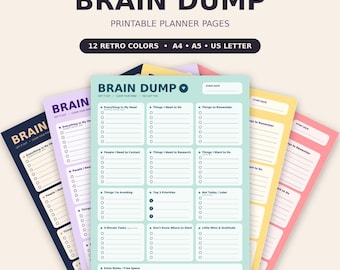 Könnte beinhalten: Ein Set aus druckbaren Brain-Dump-Planerseiten in 12 Retro-Farben, erhältlich in den Formaten A4, A5 und US Letter. Jede Seite enthält Abschnitte für Aufgaben, Prioritäten und Notizen mit dem Text BRAIN DUMP sowie GET IT OUT, CLEAR YOUR MIND, YOU GOT THIS.