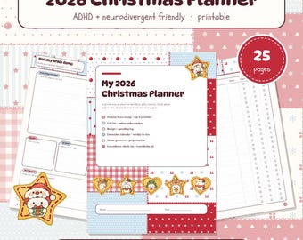 Könnte beinhalten: Ein 25-seitiger, druckbarer Weihnachtsplaner für 2026 mit einem rot-weiß-blauen Patchwork-Hintergrund. Das Deckblatt enthält den Text My 2026 Christmas Planner, eine Inhaltsliste und kleine sternförmige Illustrationen.