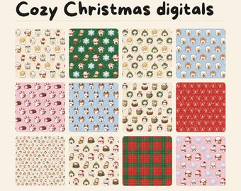 Könnte beinhalten: Ein digitales Musterpaket mit dem Titel Cozy Christmas digitals mit 12 Designs. Die Sammlung enthält verschiedene sich wiederholende Muster mit Weihnachtsmotiven wie Weihnachtsmann, Rentieren, Schneeflocken, Kränzen und Karomustern.
