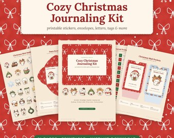 Könnte beinhalten: Ein druckbares Cozy Christmas Journaling Kit mit Aufkleberbögen, Umschlägen, Briefen und Anhängern. Das Design zeigt rote Hintergründe mit weißen Schleifenmustern und Illustrationen von Weihnachtsfiguren. Text beinhaltet: Cozy Christmas Journaling Kit, 31 pages, instant download.
