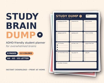 Könnte beinhalten: Eine Studienplaner-Seite mit dem Titel STUDY DUMP mit Abschnitten für Aufgaben, Prüfungen, Prioritäten und Aufgaben. Das Layout hat einen dunkelblauen Hintergrund mit cremefarbenen Feldern und Text. Es enthält Kontrollkästchen und Linien.