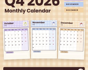 Könnte beinhalten: Ein Q4 2026 Monatskalender-Set mit drei Seiten für Oktober, November und Dezember. Jede Seite hat eine karierte Kopfzeile, ein Datumsraster und einen Notizbereich. Der Text enthält "Q4 2026 Monthly Calendar" und "INSTANT PDF DOWNLOAD A5 A4 US LETTER".