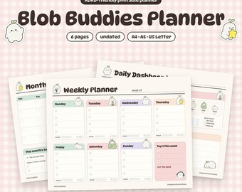 Könnte beinhalten: Ein druckbarer Planer mit dem Titel Blob Buddies Planner mit ADHD-freundlichen Funktionen. Die Seiten umfassen einen Wochenplaner, eine Monatsansicht und ein tägliches Dashboard mit pastellfarbenen Feldern, Checklisten und Illustrationen kleiner weißer Blob-Figuren.