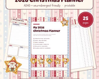 Könnte beinhalten: Ein druckbarer 2026 Weihnachtsplaner mit 25 Seiten. Das Deckblatt zeigt einen gestreiften Hintergrund, eine Liste der Planerabschnitte und niedliche Weihnachtssymbole. Enthält Seiten für Geschenklisten und Budgets.