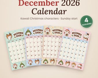 Könnte beinhalten: Vier druckbare Kalenderseiten für Dezember 2026 mit Weihnachtsfiguren. Jede Seite zeigt ein Raster mit Sonntagsstart, verziert mit festlichen Illustrationen. Der Text lautet December 2026, Printable, Instant Download, 4 Designs.