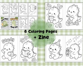Könnte beinhalten: Eine Sammlung von sechs Schwarz-Weiß-Malvorlagen mit einem niedlichen Cartoon-Dinosaurier bei verschiedenen Aktivitäten wie Lernen, Lesen und Rollerfahren. Das Set enthält ein Zine mit dem Text 6 Coloring Pages + Zine.