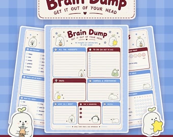 Könnte beinhalten: Ein Set aus fünf druckbaren Brain Dump Planerseiten mit Abschnitten für Gedanken, To-Do-Listen, Ideen, Sorgen und Prioritäten. Die Seiten enthalten niedliche weiße Charakterillustrationen, blaue und kastanienbraune Ränder sowie den Text Brain Dump Get It Out Of Your Head.