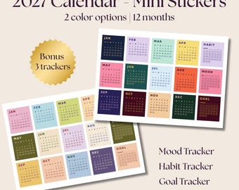 Könnte beinhalten: Zwei Bögen mit 2027 Kalender-Aufklebern mit 12 Monaten und 3 Bonus-Trackern. Der Text lautet 2027 Calendar - Mini Stickers, 2 color options, 12 months, Bonus 3 trackers, Mood Tracker, Habit Tracker und Goal Tracker.