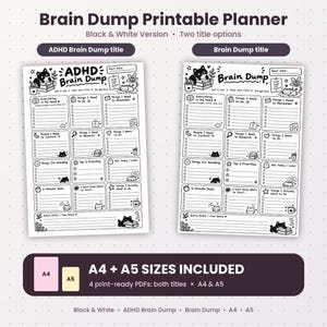 Puede incluir: Una hoja de planificación imprimible en blanco y negro con dos opciones de título: ADHD Brain Dump y Brain Dump. El diseño incluye secciones categorizadas para tareas, prioridades y notas, decoradas con pequeñas ilustraciones de gatos. Tamaños A4 y A5 incluidos.