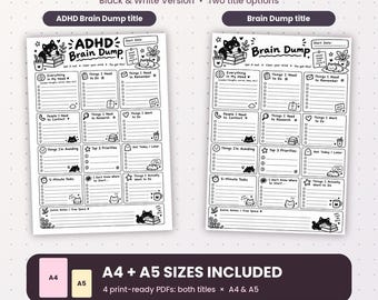 Könnte beinhalten: Ein schwarz-weißes, druckbares Planerblatt mit zwei Titeloptionen: ADHD Brain Dump und Brain Dump. Das Layout enthält kategorisierte Abschnitte für Aufgaben, Prioritäten und Notizen, verziert mit kleinen Katzenillustrationen. A4- und A5-Formate sind enthalten.