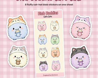 Blob Buddies Cafe Cat Sticker Sheet, Kawaii Coffee Cat Stickers, Cute Latte Planner Stickers, Fluffy Kiss-Cut Journal Stickers