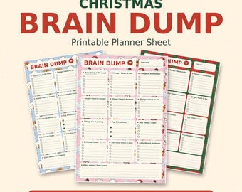 Könnte beinhalten: Drei druckbare Planer-Seiten mit dem Titel CHRISTMAS BRAIN DUMP. Die Blätter enthalten Abschnitte für Aufgaben, Prioritäten und Notizen mit festlichen Mustern in Blau, Rosa und grünem Schottenkaro. Text: 12 DESIGNS, A4 + US LETTER, INSTANT DOWNLOAD.