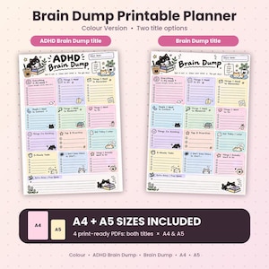 以下が含まれることがあります： ADHD Brain DumpとBrain Dumpの2つのタイトルオプションがある印刷可能なプランナーシート。タスク、優先順位、メモ用のセクションを含むグリッドレイアウトで、猫のイラストとパステルカラーで装飾されています。A4およびA5サイズが含まれています。