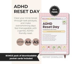 Könnte beinhalten: Ein rosa karierter ADHD Reset Day Planer und Selbstfürsorge-Set zum Ausdrucken mit über 30 Seiten. Das Cover zeigt den Text ADHD Reset Day, eine Aufgabenliste und kleine Cartoon-Sticker. Enthält Formate für Letter, A4 und A5.