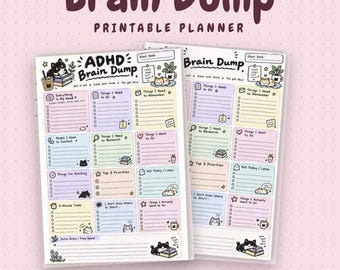 Könnte beinhalten: Zwei druckbare Planer-Seiten mit den Titeln ADHD Brain Dump und Brain Dump. Jede Seite enthält pastellfarbene Abschnitte für Aufgaben, Prioritäten und Notizen, verziert mit kleinen Illustrationen von Katzen, Pflanzen und Büchern auf hellrosa Grund.
