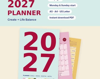 Könnte beinhalten: Ein druckbarer 2027-Planer mit 148 Seiten, Montag- und Sonntag-Startoptionen sowie A5-, A4- und US-Letter-Formaten. Das hellblaue Cover zeigt den Text 2027 in Dunkelrot, während die Innenseiten in Rosa und Gelb mit Kalenderlayouts gestaltet sind.