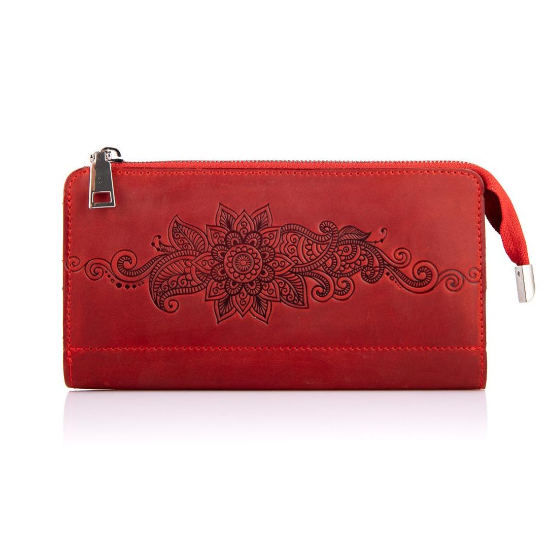 Long Red Wallet With Floral Embossing, Boho Leather Cardholder, Custom ...