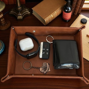 Brown Leather Valet Tray | Dice, Jewellery & Keys Rolling Catchall Tray | Christmas Gift For Him
