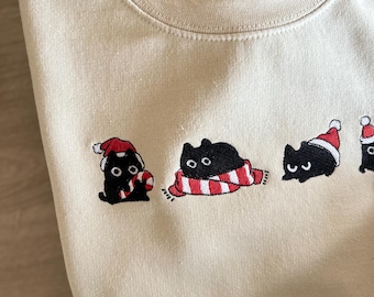 Sweat pull hiver Noël brodé avec chats – cadeau personnalisable