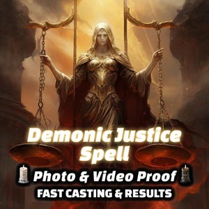 Puede incluir: Ilustración digital de una figura vestida con una túnica sosteniendo una balanza, con el texto "Demonic Justice Spell". La imagen utiliza una paleta de colores cálidos con tonos dorados y anaranjados. El texto adicional incluye "Photo & Video Proof" y "FAST CASTING & RESULTS."