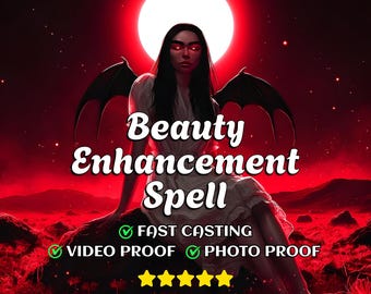Puede incluir: Ilustración digital con tema rojo y negro. La imagen presenta a una mujer con alas negras y el texto "Beauty Enhancement Spell". Texto adicional incluye "Fast Casting", "Video Proof" y "Photo Proof". También se muestran cinco estrellas doradas y "Magic Sisters".