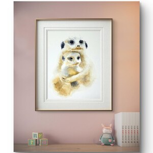 A watercolour print of two Meerkats, mother and baby, hugging each other. A lovely gift for mothers day or Valentines day