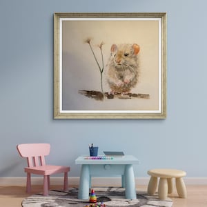 Stampa ad acquerello di un grazioso ghiro. Arte murale per la camera dei bambini, ghiro sotto un dente di leone, graziosa stampa di animali.