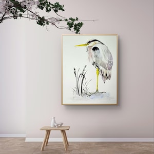 Stampa ad acquerello dipinta a mano di un airone che attende pazientemente la sua preda. Arte murale per gli amanti della natura e degli uccelli!