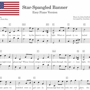May include: Sheet music for "Star-Spangled Banner" in an easy piano version. The top left corner features the American flag. The music includes lyrics by Francis Scott Key and is arranged by Jonathan Slatter.