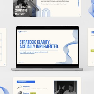 May include: A laptop screen displaying a business presentation titled Strategic Clarity, Actually Implemented. The slide features blue text, a blue abstract wave graphic, and a white background. Surrounding the laptop are other presentation slides.