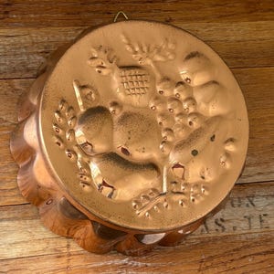 May include: A vintage copper mold with a detailed fruit and foliage design. The round mold has a scalloped edge and a hanging loop. The embossed design includes grapes, pears, and other fruits. The copper has a warm, reddish-brown hue.