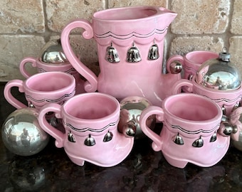 Vintage Christmas Elf Boot Pitcher and Mugs: 1950s Ceramic Set