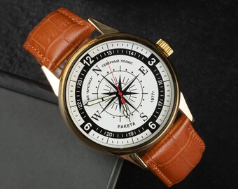 Vintage Mens Watch Raketa Compass, Mechanical watch, Navigation design, Gift for Husband, Collectible gift