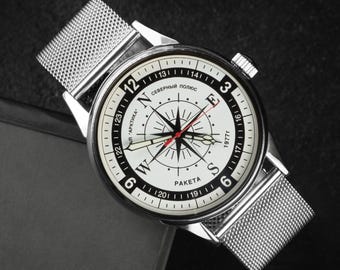 Vintage watch Raketa Compass, Timepiece for men, Adventure-inspired design, Perfect gift for explorers