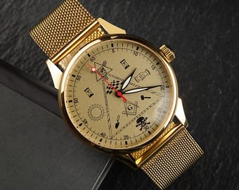 Collectible wrist watch Raketa Masonic, Vintage mechanical watch, Unique Timepiece for Men, Engraved watch