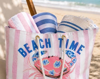 Gestreift Strandtasche Rosa Weekender Tasche Krabbe Sommer Reise über Nacht Duffle Seil Griff Segeltuch Träger Nautik Urlaub Geldbörse Oversized