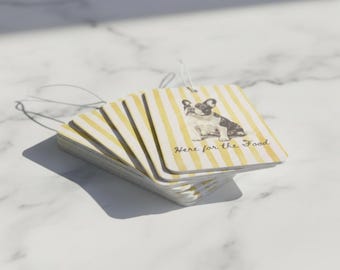 French Bulldog Illustration Car Air Freshener Yellow Stripe, "Here for the Food"