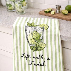 Cocktail Kitchen Towel Collection Decor Item Hostess Present Unique Gift Idea Bartender Margarita, Illustration Hand Drawn Design Tea Pink