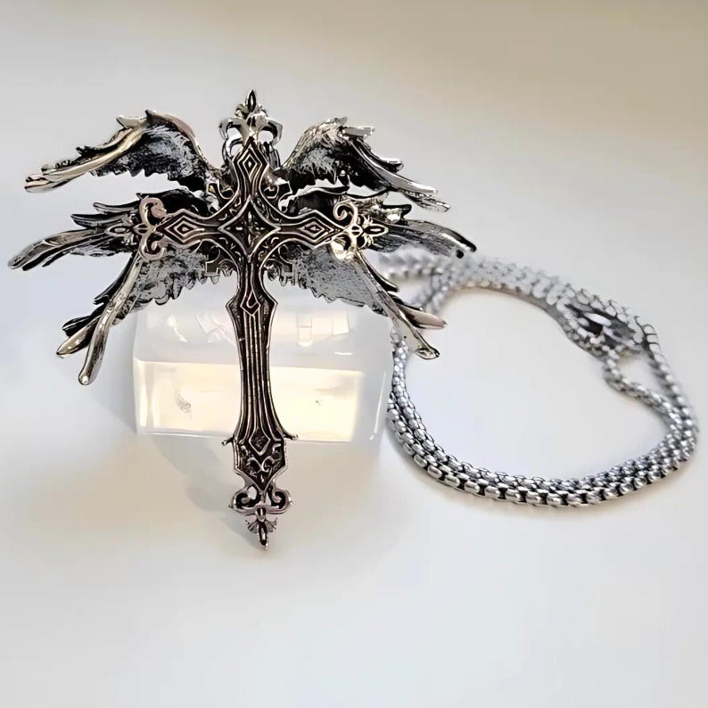 Angel Wings Cross Pendant Necklace – Retro Gothic Punk Amulet Jewelry for Men & Women, Lucky Travel Charm Gift