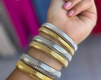 Chunky Spiral Bracelet – 18K Gold Plated Bangle, 304L Stainless Steel, Wide Cuff, Silver Gold Waterproof Jewelry for Women