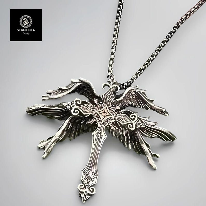 Angel Wings Cross Pendant Necklace – Retro Gothic Punk Amulet Jewelry for Men & Women, Lucky Travel Charm Gift