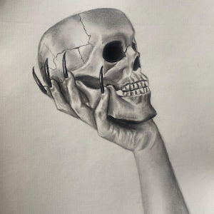 Skull in Hand Charcoal on Paper 11x16 in Frame