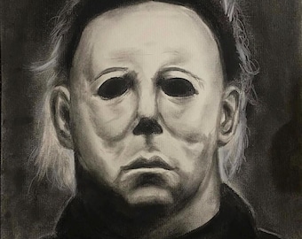 Retrato original de Michael Myers de Halloween, obra de arte de terror, realizado en carboncillo, de 11 x 16 pulgadas (28 x 40 cm).